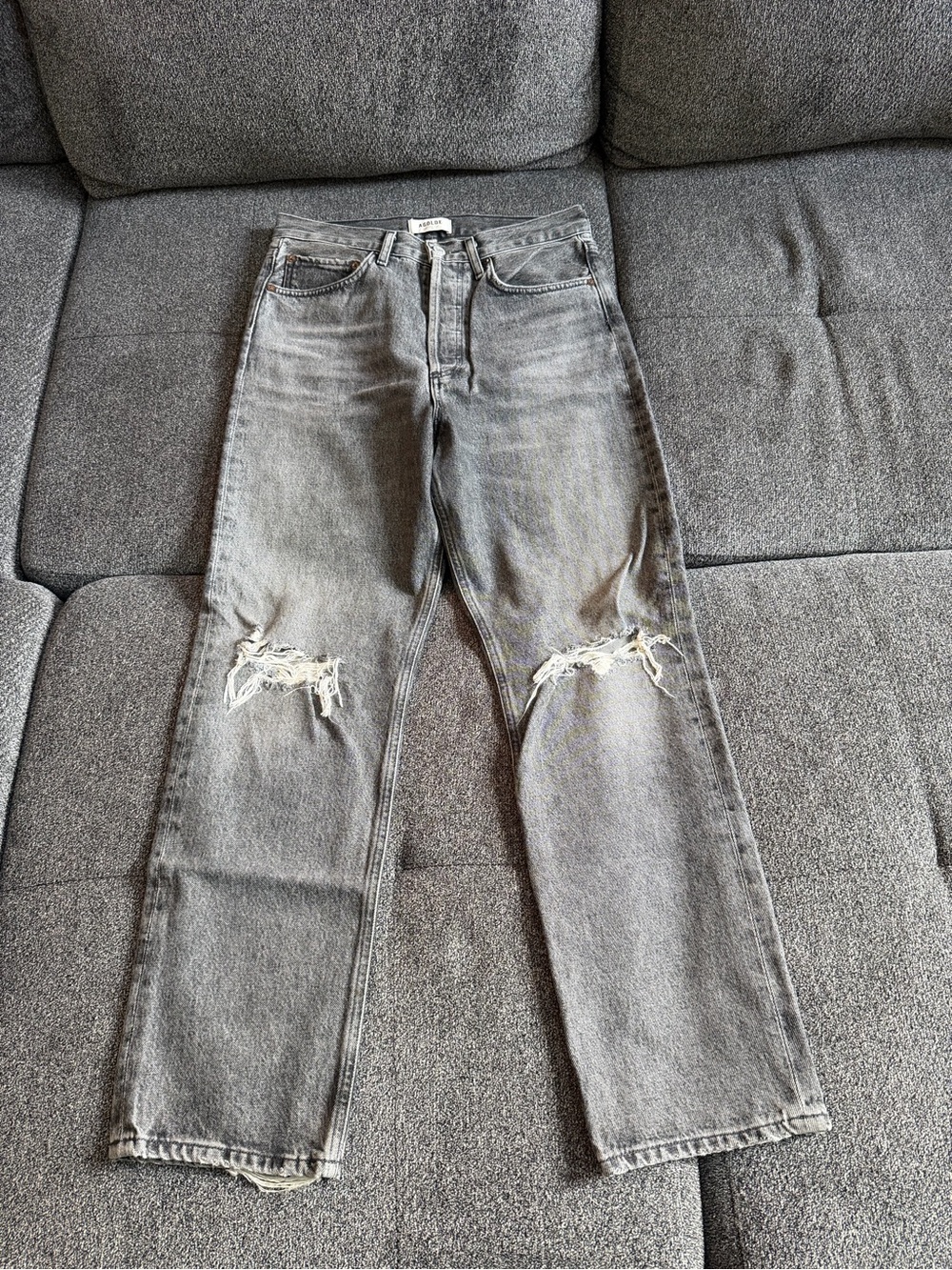 Agolde Gray Distressed Straight-Leg Jeans